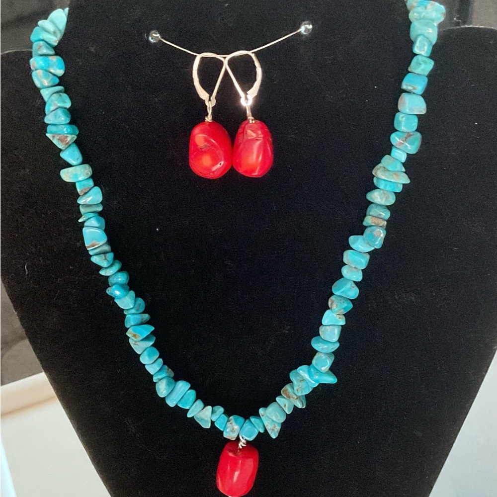 Turquoise and Coral Necklace and Earring Set